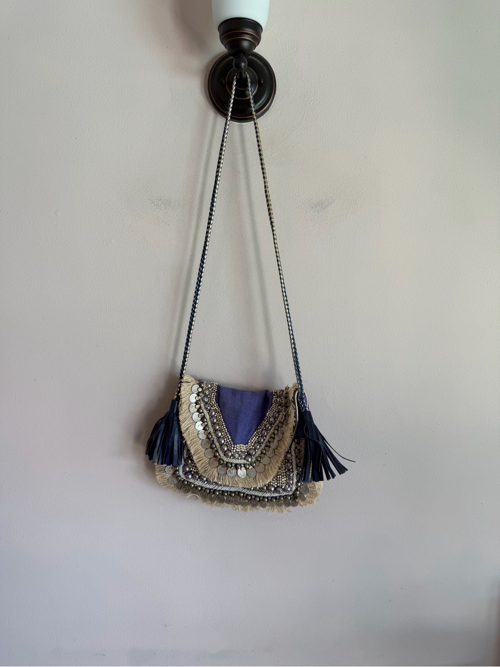 SHASHI Purple Boho Coin Fringe Tassel Crossbody Bag Braided Strap Festival Gypsy